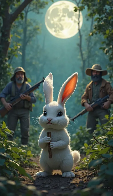 *"In the heart of the dense jungle, under the dim glow of the moon, a brave white rabbit stands defiantly in front of a group of armed hunters. The rabbit grips a small stick tightly in its paws, its eyes filled with determination and courage. The hunters,...