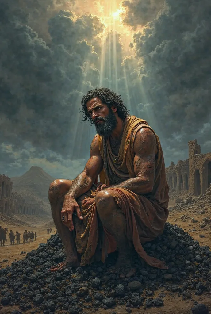 "A dramatic illustration of Job,  a man with a sorrowful appearance ,  Sitting on a heap of ashes . His body is covered with wounds, and he wears torn and dirty clothes. His gaze is one of pain and reflection, but there is still a glimmer of faith in his e...