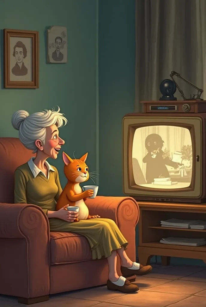 "The elderly woman and the orange cat sit together on a comfy couch, watching an old, black-and-white movie on a vintage television. The cat sits upright, ears perked in curiosity, while the woman sips tea and chuckles. The soft glow of the TV lights up th...