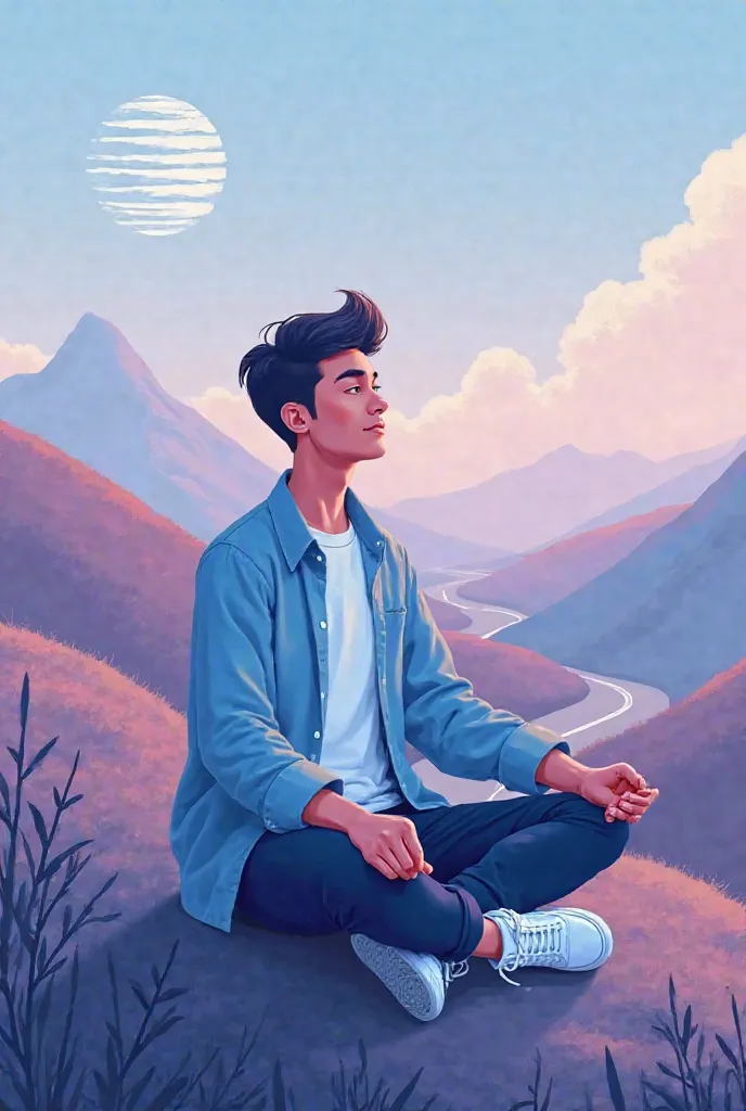 In this picture, a young man is seen sitting on a rock in a meditative position, looking at the horizon with calm features that reflect deep thinking. wearing a loose light blue shirt on a white shirt, with dark blue pants folded at the ankle, and white sp...