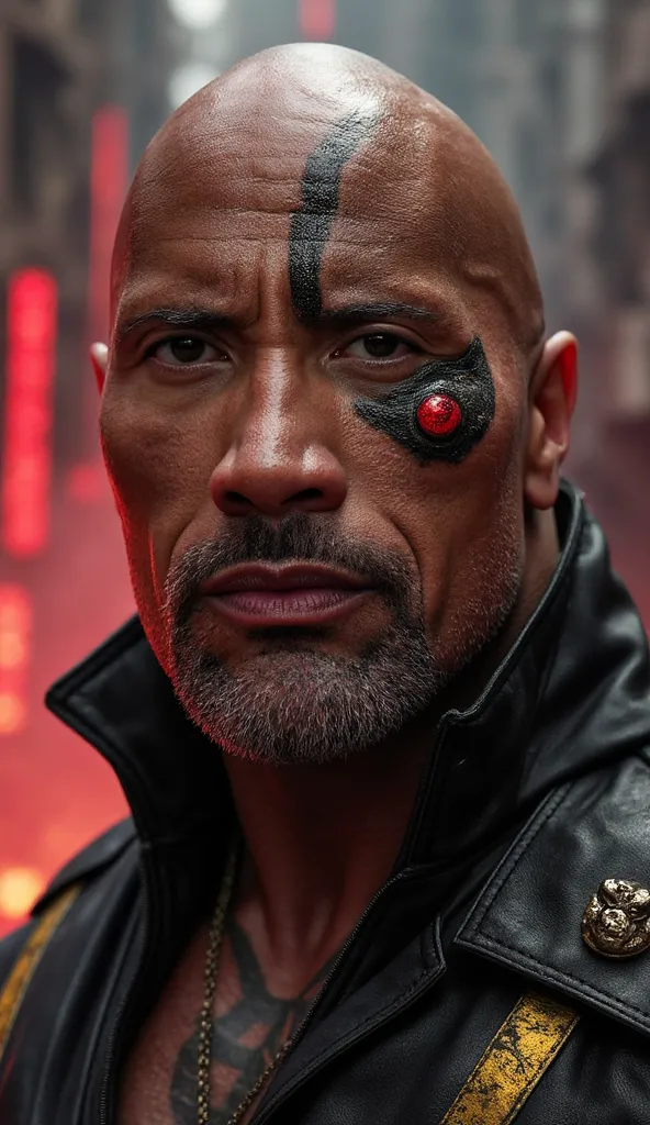  Here is a detailed prompt to generate an image  ** super realistic** do Dwayne "The Rock" Johnson as **kano**, focused **only on the face**, with shiny metallic details and an impactful background: --- **"Close-up hiper-realista do rosto do Dwayne 'The Ro...