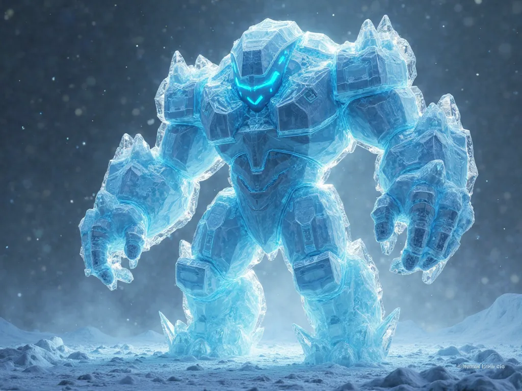 The ice golem in Full HD stands out as a majestic and terrifying figure, totally sculpted from crystalline ice, with a shimmering transparency that reflects the light around it. His structure is immense, formed by blocks of ice that intertwine in a fluid a...