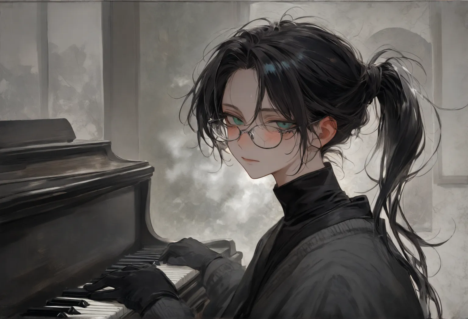 1boy, male, very thin, dark green eyes, (short), sharp facial features, black hair, hair ponytail on shoulder, (disheveled bangs), silver-rimmed glasses, black eyeliner, black turtleneck, black mole near his left eye, black gloves, dark gray cardigan, Vict...