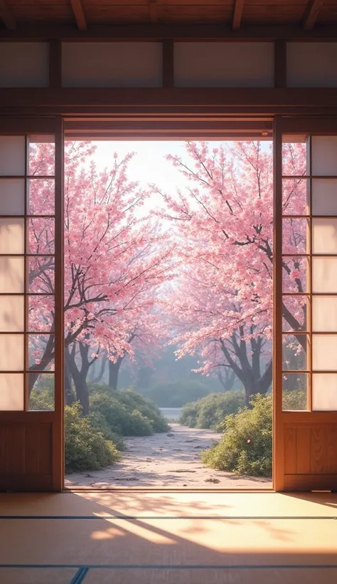 The outside of the Japanese-style room has a view of cherry blossoms in full bloom、image like the picture