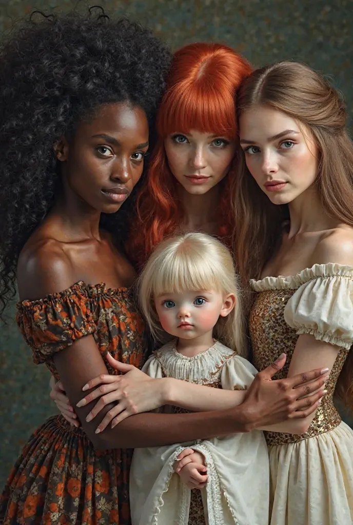 Four women embracing each other all in medieval style a black woman with voluminous hair, a redhead with big, full hair and light green eyes ,A brunette with straight hair and bangs and almond eyes and an albina with white eyebrows and blond hair with deep...