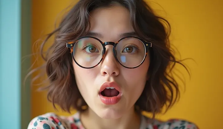  30-year-old woman , oculos redondo nerd girl, looking at the camera, Open mouth surprise ,  vibrant and strong colors, Beautiful blouse, Realistc 8k without subtitles