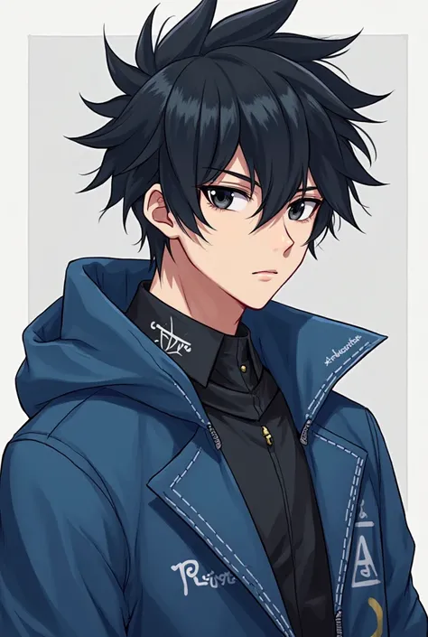 Make an image of a young man around 25 years old with spiky and messy 2D anime black hair wearing a blue jacket written TudorCorp small. with a serious look and black eyes. Sexy with the features of knights of the zodiac. make your eyes smaller.