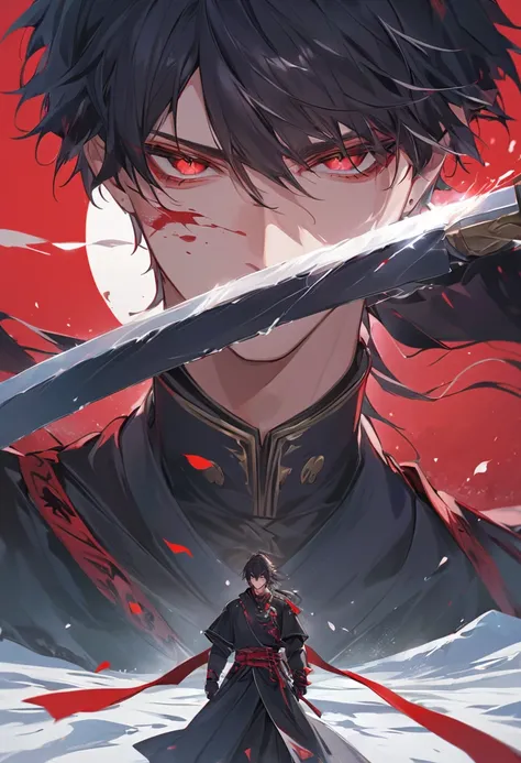 "A hyper-detailed, ultra-high-definition anime-style illustration of a male character in a dramatic close-up shot, with a strong emphasis on his face and eyes. His long black hair is tied in a low ponytail with a red ribbon, with silky strands flowing natu...