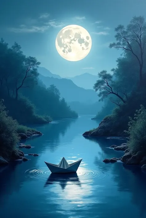 Full moon night landscape painting under the river features a poetic paper boat but not the right angle