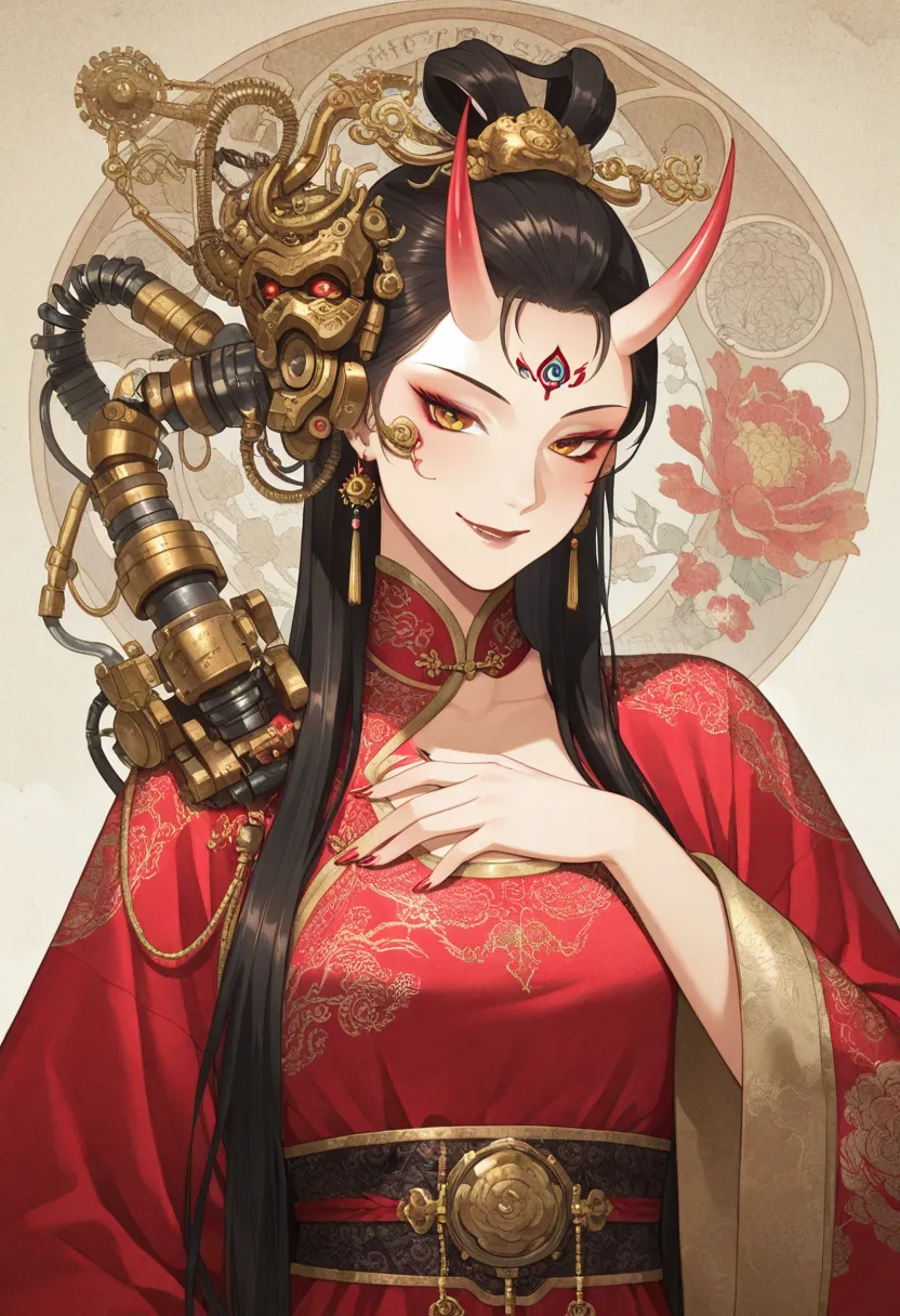 celestihan,oni_tribe_mature_beauty:1.5,tsurime, seductive smile, dark mauve lip tint, upper_body_focus, art-nouveau_anatomy(0.8) [hourglass_silhouette+95-60-93], qipao_with_mechanical_exoskeleton, gold_peony_embroidery(neon_circuit_style), phi_mask_perfect...