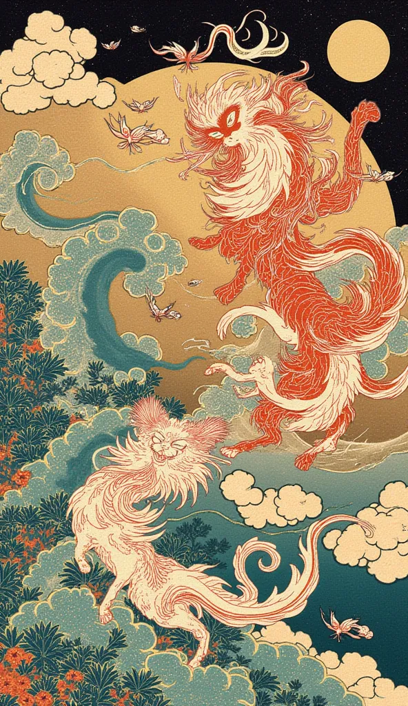 an ukiyo-e depiction of a god dog fighting against a god cat. both animals have japanese motif of curly cloud swirling on their body.