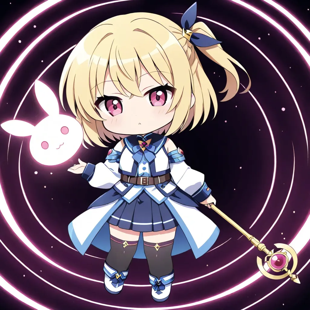 Chibi-Chara: 1.2, Light beige short bob, one side up partially braided hairstyle, one beautiful girl, thin face, narrow eyes, pink eyes, Chibi-Chara, very sullen expression, dressed like a white rabbit: 1.2, This Japanese anime style Chibi-Chara is a mage ...