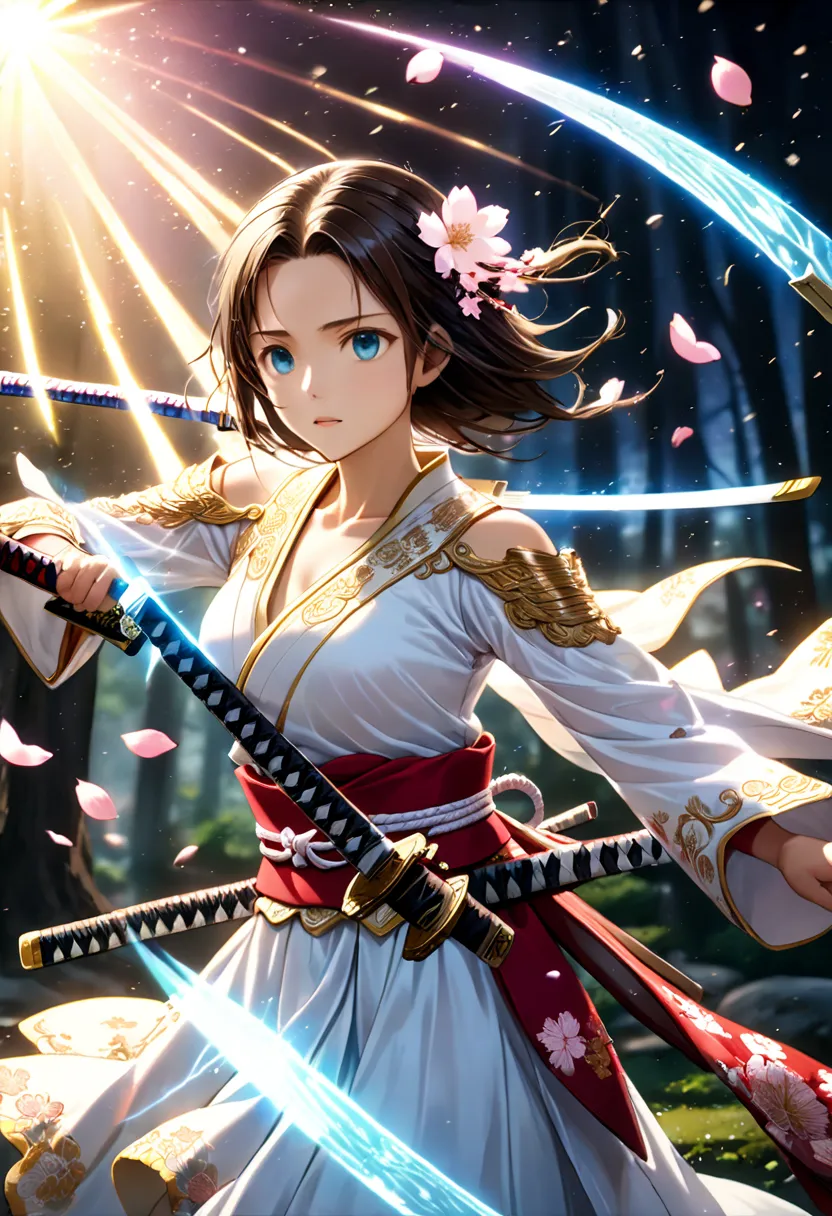 Highly detailed, ultra-realistic anime-style illustration, breathtaking lighting effects, cinematic fantasy composition, ethereal warrior princess, fusion of traditional Japanese aesthetics and high fantasy.waying in the wind:1.3), (fully slicked-back dark...