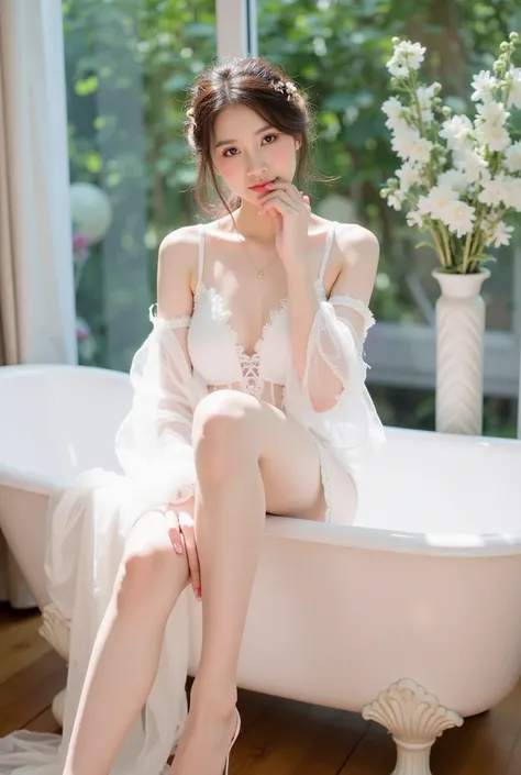 a young woman sitting elegantly on the edge of a white vintage bathtub. She is wearing a delicate white lace outfit with sheer, flowing sleeves, and the fabric drapes gracefully onto the floor. Her hair is styled in a loose, elegant updo adorned with small...