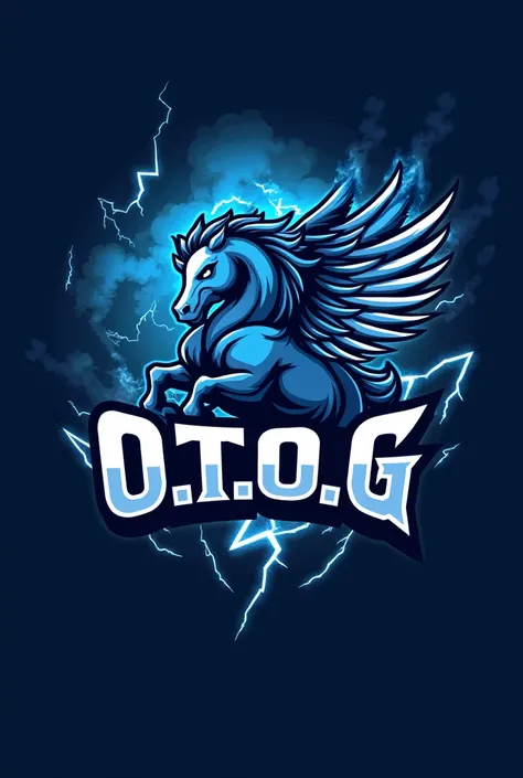 A sexy blue colored storm pegasus themed Logo for a sports team with the words O.T.O.G 