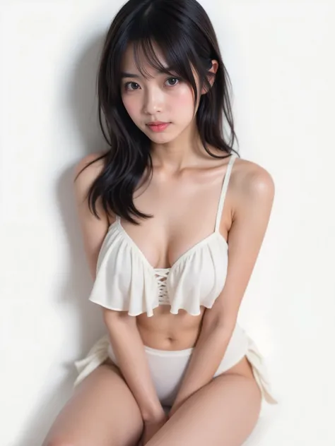 Genuine photograph, ( masterpiece), (TOP QUALITY), (very detailed), (Messy Hair ), (  Japanese girls ), (large ruffle bikini made of white chiffon material),  sitting,   Fashion Models , (simple white background),   eyes more beautiful and delicate than ke...