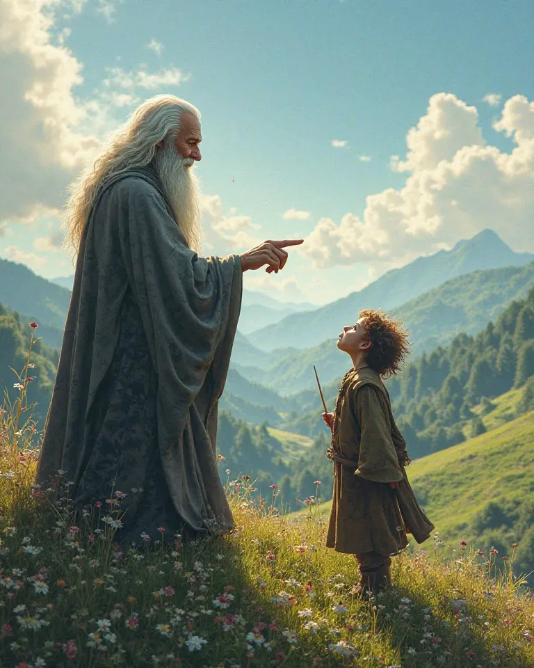 image: Gandalf Talking to the Hobbit Bilbo, pointing towards the horizon.