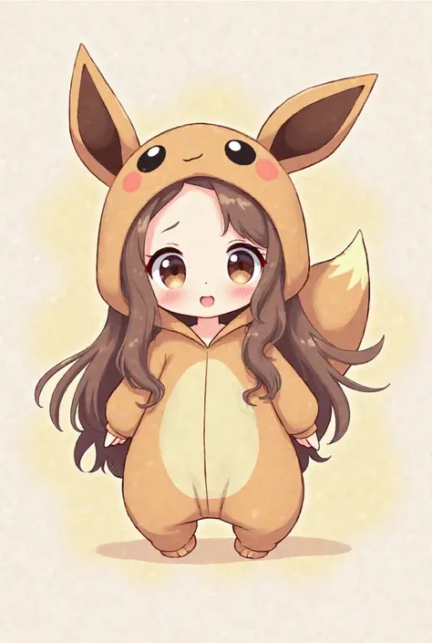 Make me an profile picture of a chibi anime girl with long brown hair in a eevee onesie