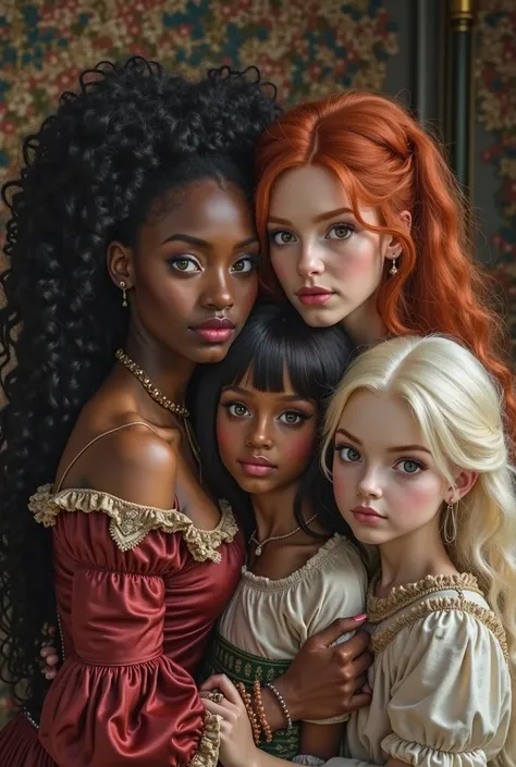 Four women together and all with a medieval style a black woman with voluminous hair, a redhead with big, full hair and light green eyes ,A brunette with straight hair and bangs and almond eyes and an albina with white eyebrows and blond hair with deep gra...