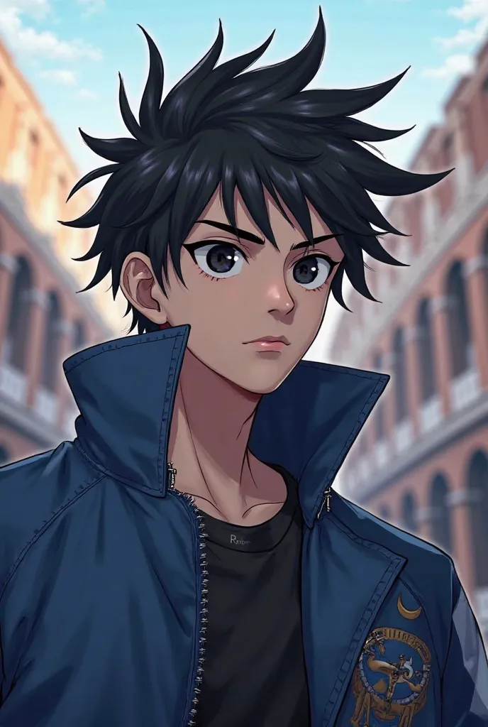 Make an image of a young man around 25 years old with spiky and messy 2D anime black hair wearing a blue jacket written TudorCorp small. with a serious look and black eyes. Sexy with the features of knights of the zodiac. make your eyes smaller. Half-reali...