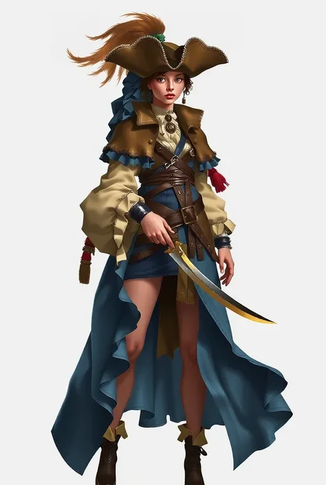 Random 17th century female Pirate character, very slender with a light coat design sheet by Abram Efimovich Arkhipov, best quality, masterpiece, Representative work, official art, Professional, Ultra intricate detailed, 8k, White Background, no hat