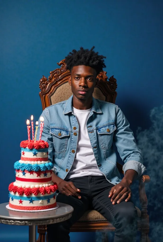 The image shows a person sitting on an ornate wooden chair with a high backrest. A young African guy . The person is wearing a light blue denim jacket over a white shirt and black pants. at the left in front of the person, there is a three-tiered cake deco...