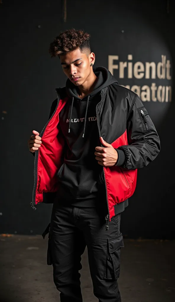 "A young man dressed in modern streetwear with a black and red jacket, Black hoodie, as well as the black cargo pants, stand in a cool style. He opens his jacket with one hand, exposes the inner lining which is red. The light from behind creates the shadow...