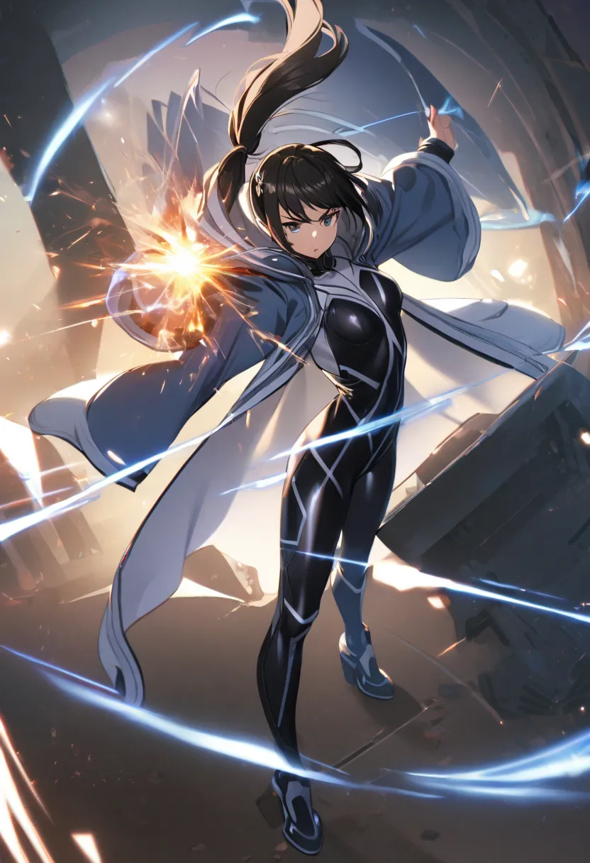  1 girl, white and black full body bodysuit, big jacket, standing, Complicated clothes,, A familiar face, black short hair、Light blue hairpin、 Fighting Poses 