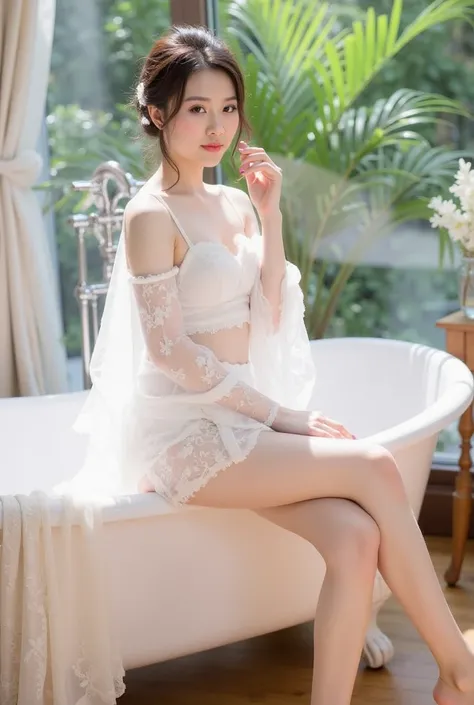 a young woman sitting elegantly on the edge of a white vintage bathtub. She is wearing a delicate white lace outfit with sheer, flowing sleeves, and the fabric drapes gracefully onto the floor. Her hair is styled in a loose, elegant updo adorned with small...