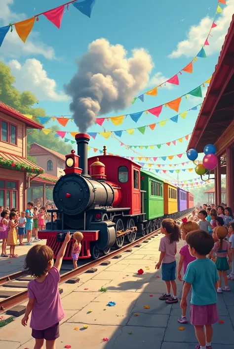 A cheerful train station filled with s waiting excitedly for the Color Train. The train pulls in, each carriage painted in bright, bold colors (red, blue, green, yellow, orange, purple, pink, and black). The s are holding balloons, flags, or crayons matchi...