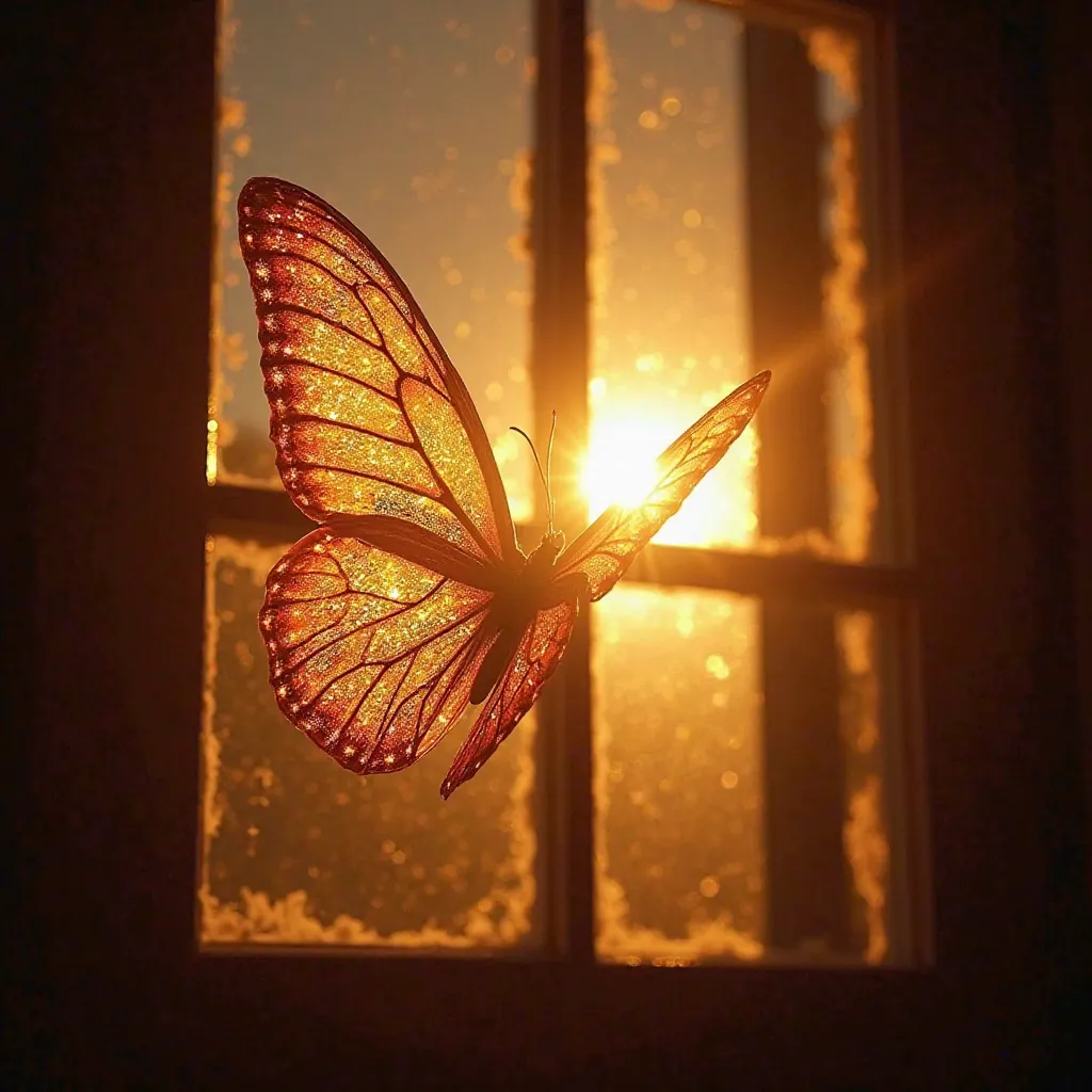 A scene from the window behind the window the sun is shining when seen with human eyes it forms a butterfly Ray pattern luminously shining glowing sparkles shape of the butterfly is like a Indian common mormon  butterfly extremely detail highest quality ma...