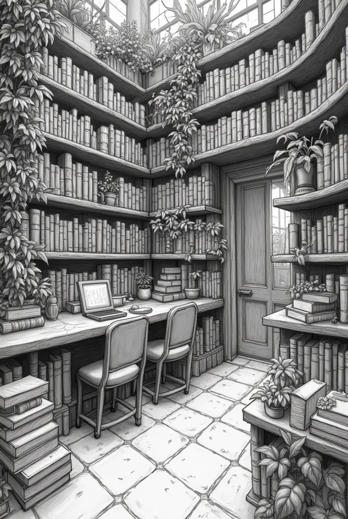 a cosy library with a lot of books et some plants. Drawing. Black and white. Surrealist style