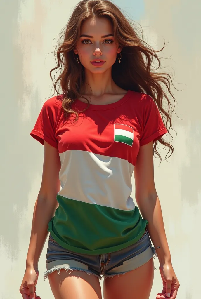 girl with breasts with the Hungarian flag on a T-shirt and feet on her feet