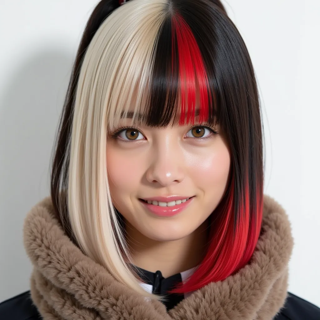 Silky smooth hair、Three hair colors: white blond hair, black hair, and red hair、Flush the bangs、 hairstyle is straight、Long hair up to chest、brown skin、uniform、muffler、ponytail