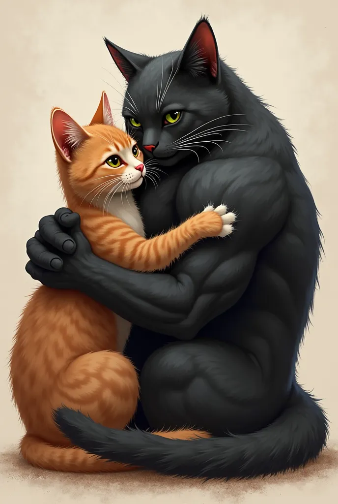 He creates a muscular black cat with green eyes hugging his girlfriend brown cat with brown eyes 