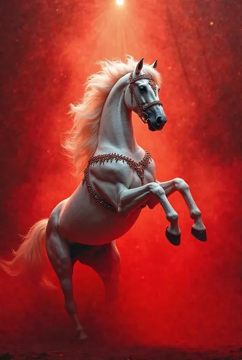 Create me a white circus horse that rises with red.   jewelry 