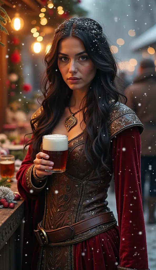  A seductive Viking woman with dark wavy hair ,  wearing a tight tunic with touches of red and gold velvet.  She's at a Viking Christmas market , holding a mead cup ,  with a cozy atmosphere and falling snowflakes .