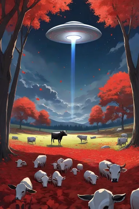 I want a night sky high above there is a flying saucer abducting a red-eyed cow the cow has a lot of fur the place has gray grass, human skulls scattered with bloodstains, white flowers growing trees with black trunks and red leaves