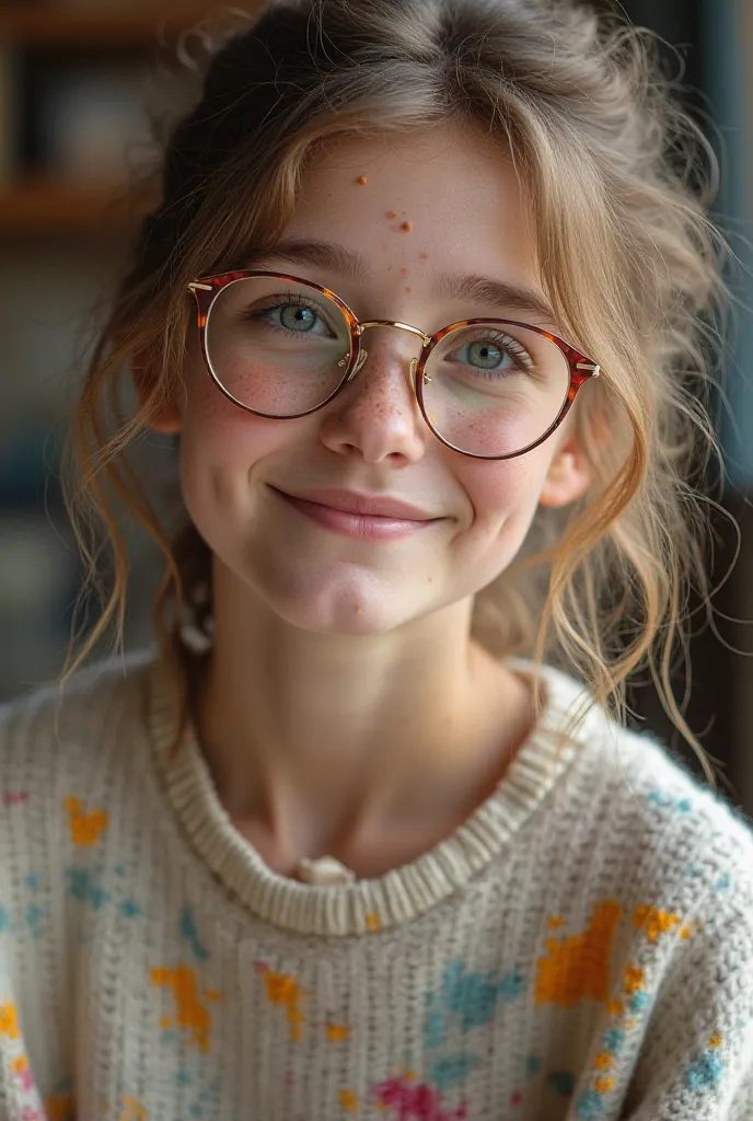 "A beautiful age  old girl with fair, freckled skin and bright blue eyes that radiate warmth and curiosity. She wears round, thin-framed golden glasses that enhance her delicate features. Her light brown hair is styled in a low messy bun, with two soft str...