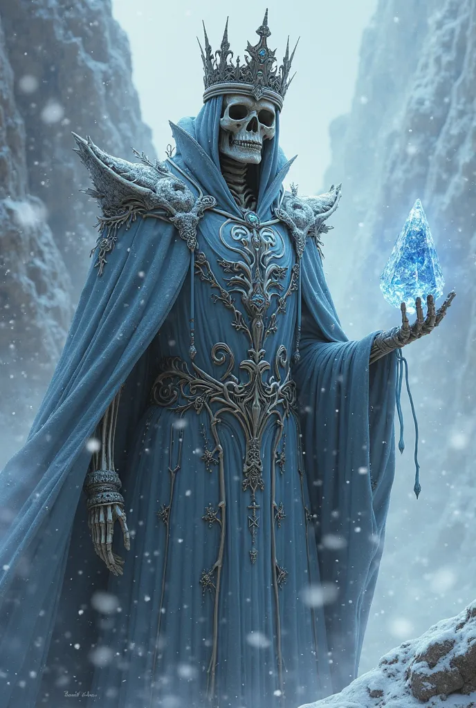 SKULL SKELETON KING HOLDING AN ICE CRYSTAL ON HIS HAND WITH ICE WIND BLIZZARD SITUATION