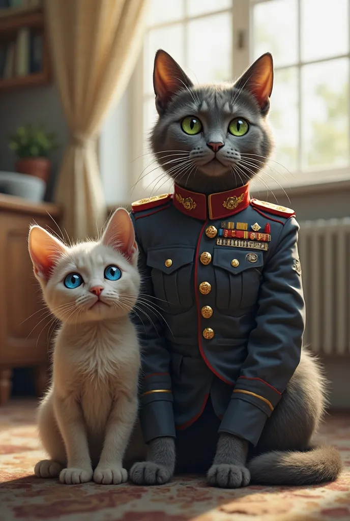 A kitten with a human body ( with blue eyes) is sitting next to a tall, strong cat with a human body (gray with green eyes) that is dressed in a military uniform. They are in a living room , with a window in the background.