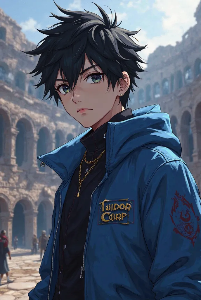 Make an image of a young man around 25 years old with spiky and messy 2D anime black hair wearing a blue jacket written TudorCorp small. with a serious look and black eyes. Sexy with the features of knights of the zodiac. make your eyes smaller. Half-reali...