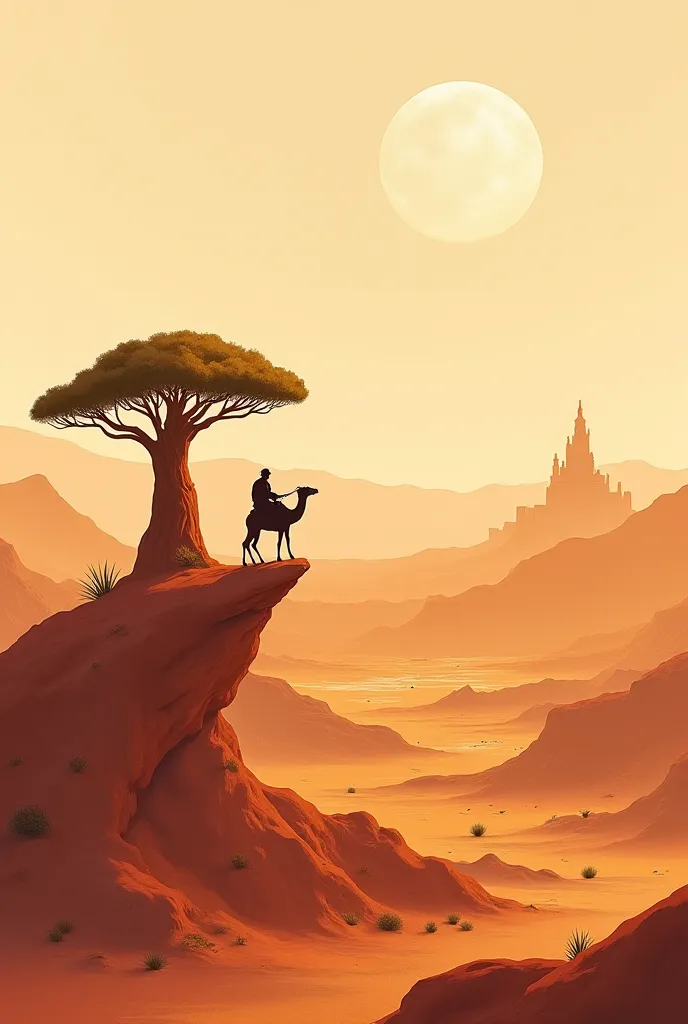 Create an image in ochre and pastel colors based on a tender image of a  riding a baobab over a desert and oasis in which the Alhambra and Sierra Nevada appear in the background ( all based on art similar to that used by the rock band Hora Zulu)