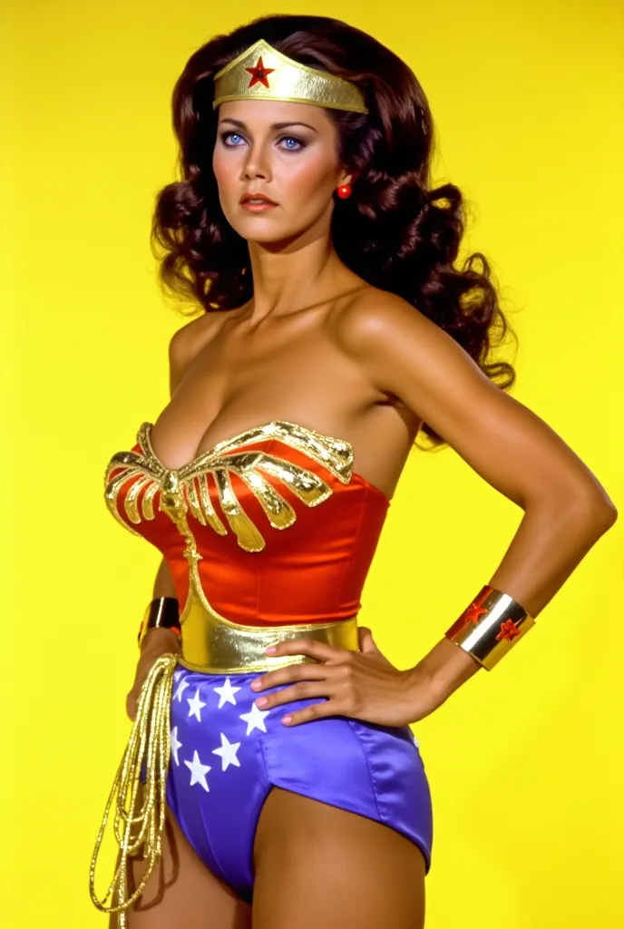 watches are on hand looking at the camera (((full length))) Linda Carter as Wonder Woman,  with long wavy dark hair, in a classic suit: Golden hoop,  red corset with gold stars , blue shorts with white stars and red knee-length boots. The lasso of truth , ...