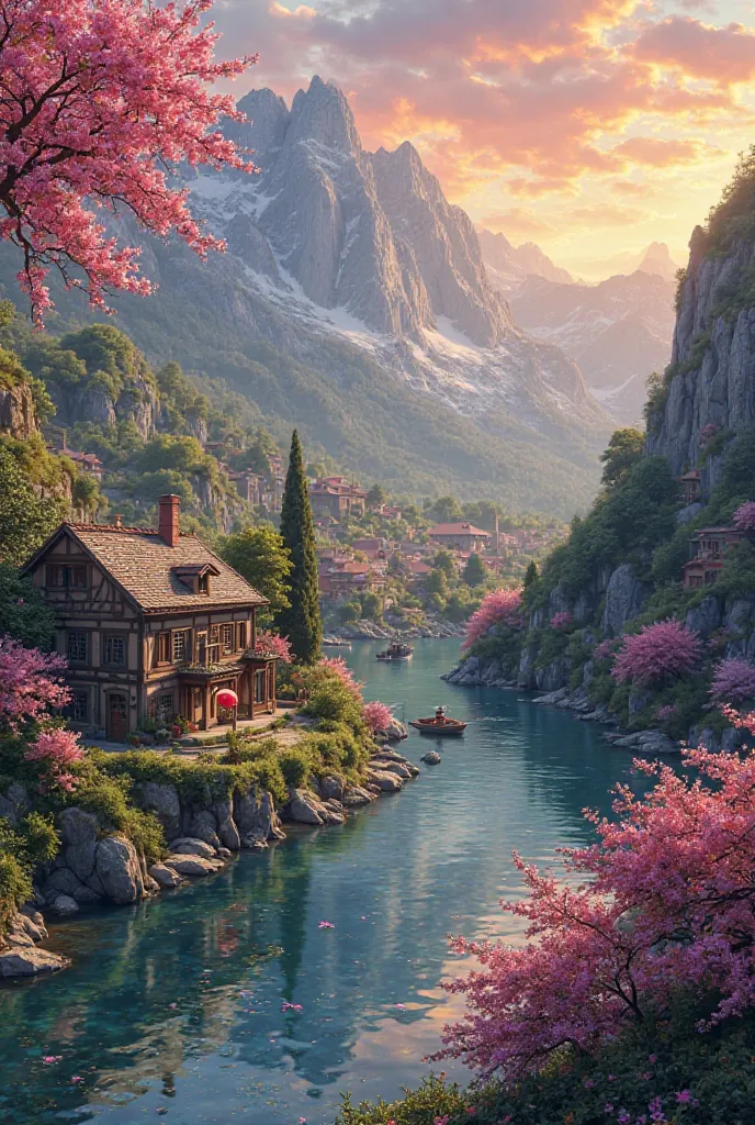 Small village by the river, mountains in the background, colorful pink flowers, detailed landscape, beautiful scenery, atmospheric lighting, scorching sunset, warm colors, practical, photography, detailed foliage, intricate buildings, cobblestone street, c...