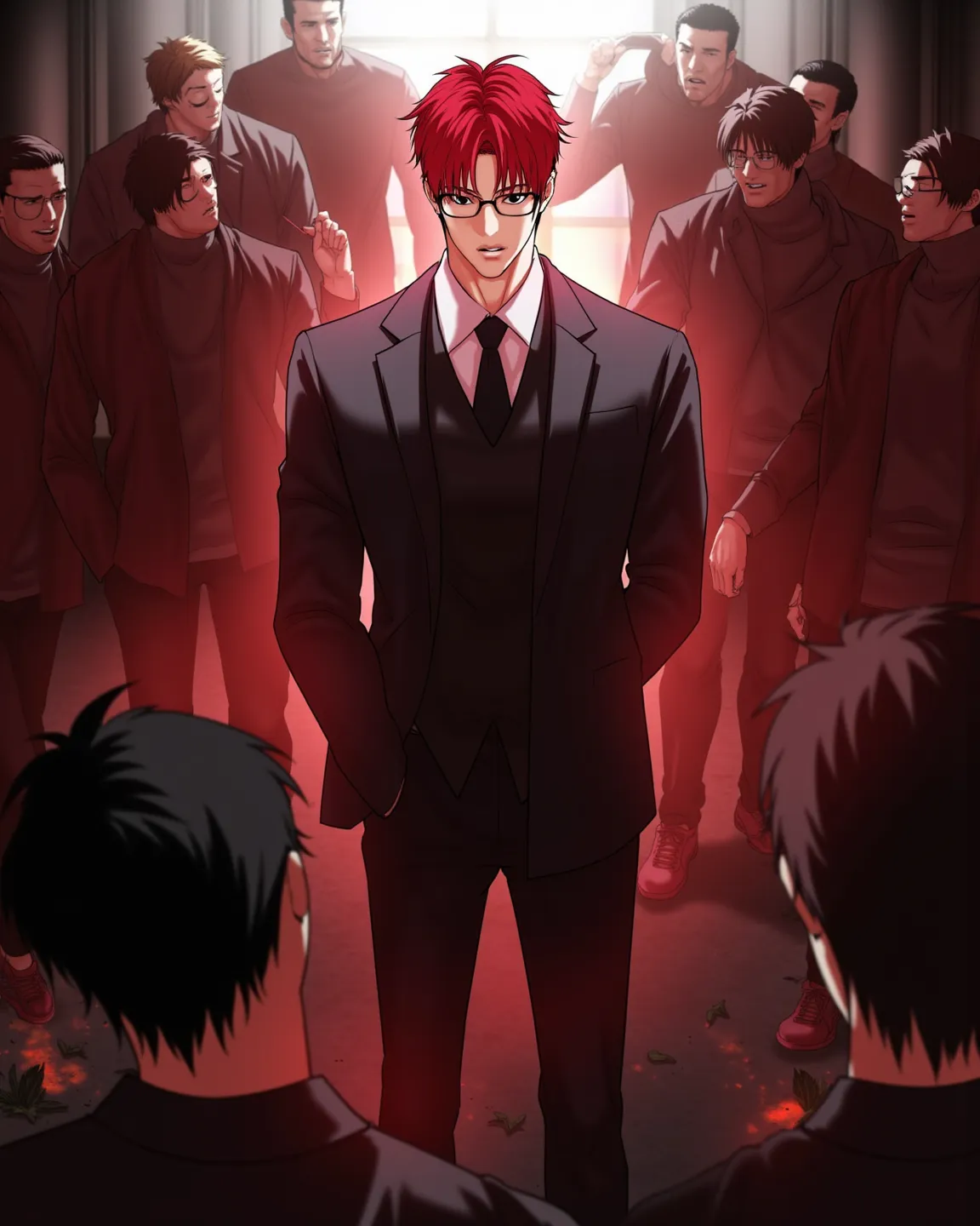 1Man of good appearance, short red hair, brown eyes, wearing glasses, good figure, tall, wearing school uniform, cold face, oops, school background, with hidden red aura, high definition, depth of field, best quality, Surrounding thugs standing on piles of...