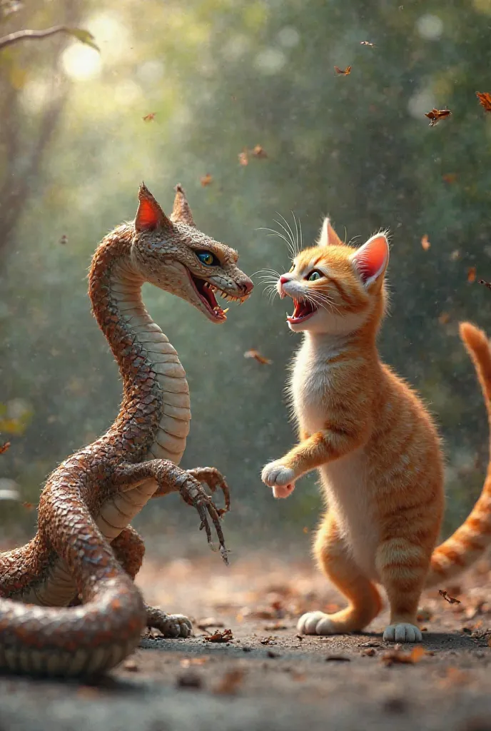 The cat and snake fight witb each other create an animated and dynamic and 3D image 