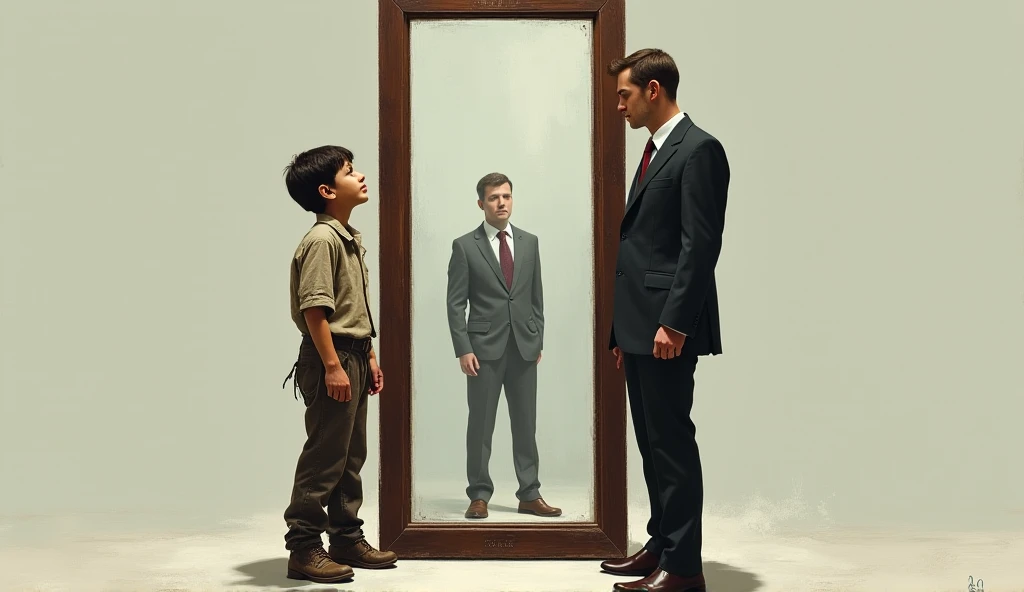 Give me a picture of a young beggar in ragged clothes standing in front of a full length mirror, and the reflection in the mirror is a handsome successful businessman.