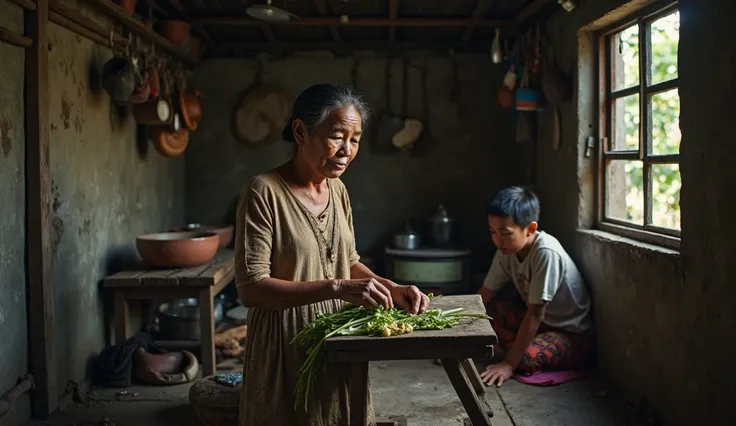 "A medium shot, eye-level angle of a humble wooden house in a small rural village, its aged walls and thatched roof showing signs of wear. Inside the dimly lit kitchen, a middle-aged woman, Bu Siti, wearing a simple, slightly worn-out kebaya and sarong, is...