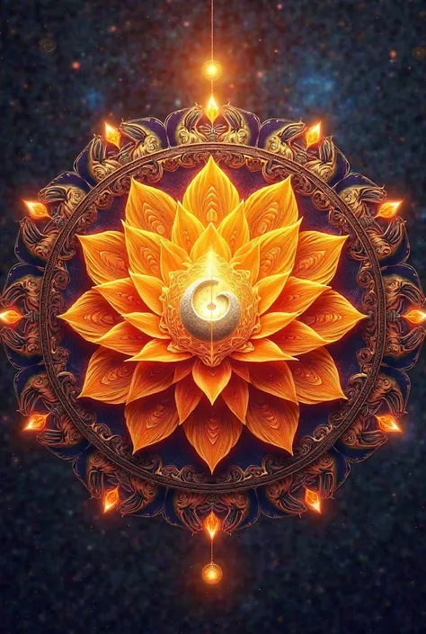 



detailed mandala design representing the Sacral Chakra. The symbol is an orange lotus with six petals, with a silver crescent moon in the center, radiating warm energy."